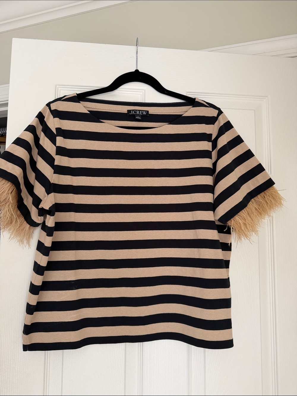 J. Crew Black and Beige Striped Tee with Feather Trim Sleeves
